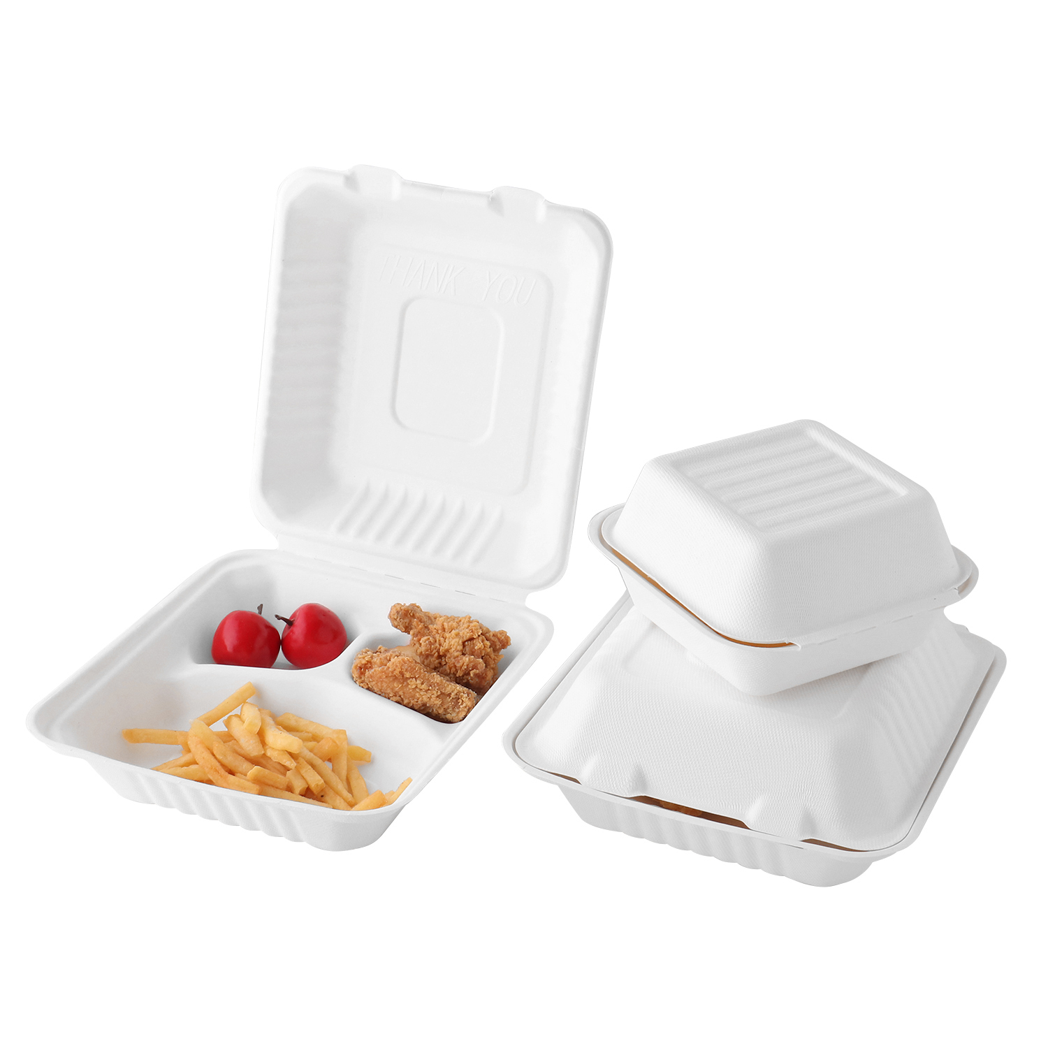 9''*9''*3'' Disposable Eco Bagasse 3 Compartment Clamshell Box
