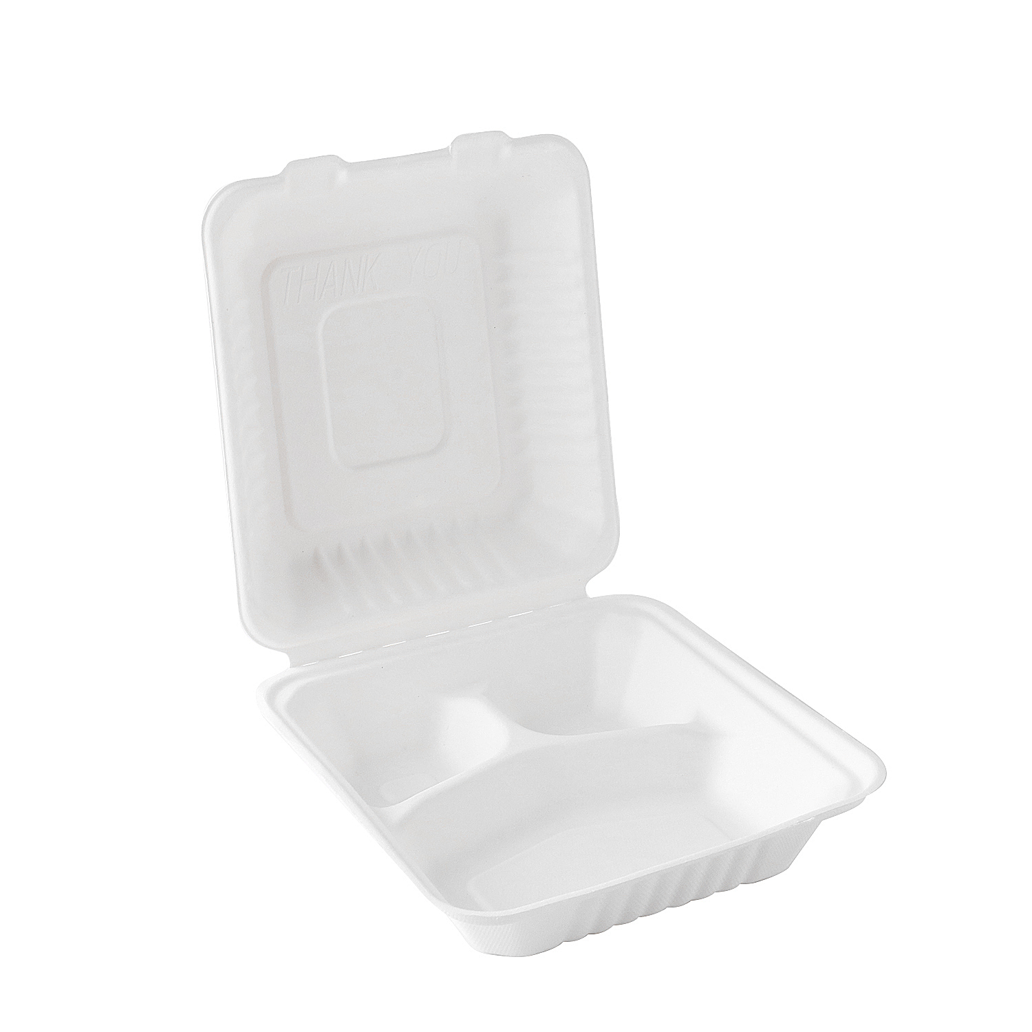 9''*9''*3'' Disposable Eco Bagasse 3 Compartment Clamshell Box